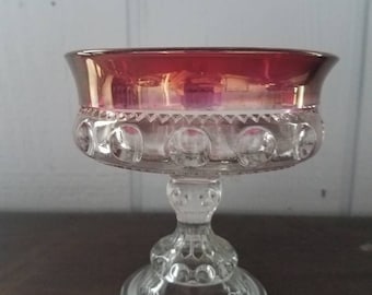Footed Indiana Glass Flash Painted Red Candy Dish Thumbprint Pattern sm01