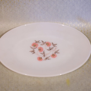 May include: White oval ceramic plate with a floral design featuring pink flowers and brown leaves.