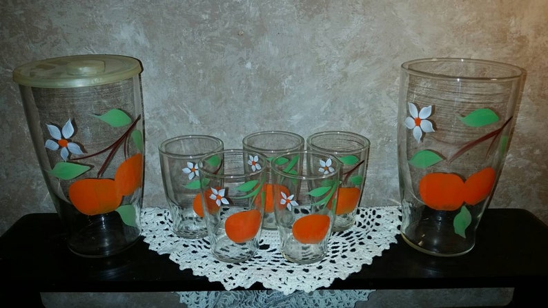 Handpainted Juice Set with 2 Carafes and 5 Juice Glasses