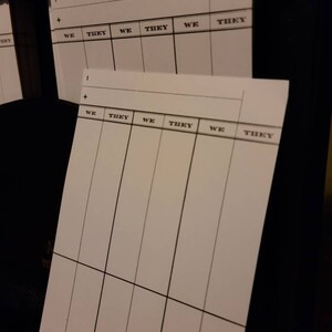 Op de afbeelding: Een wit gekarteld papier met de woorden "WE" en "THEY" die bovenaan worden herhaald. Het papier is in 12 secties verdeeld door zwarte lijnen.