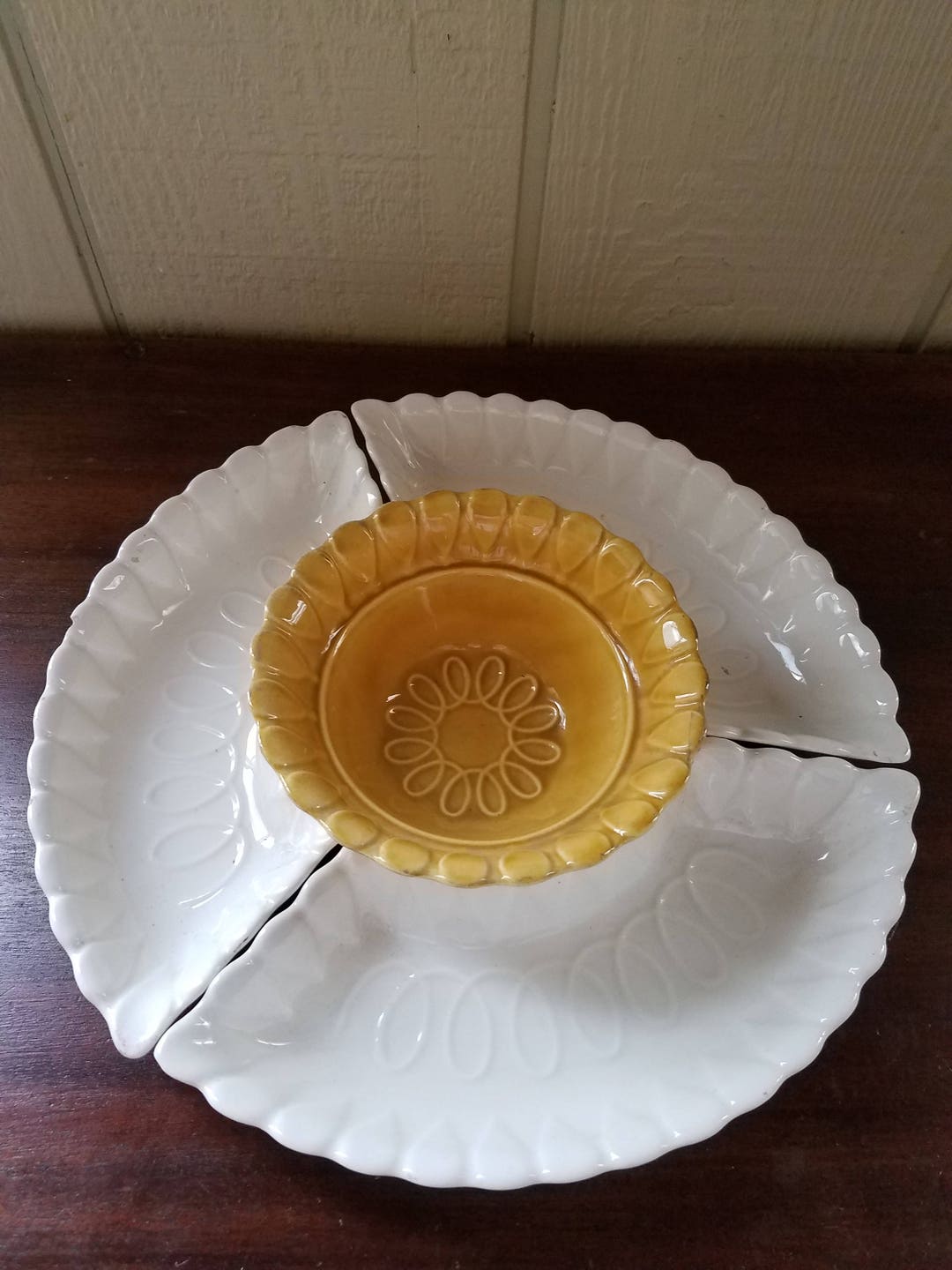 USA Pottery Relish Tray White and Gold Etsy