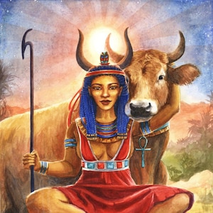 Impresión grande de Hathor / Arte de la diosa / Dioses de la acuarela de la mitología egipcia / Vaca, mujer del cielo, Antiguo Egipto