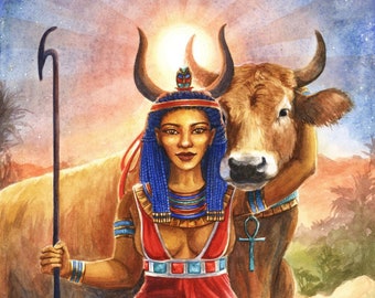 Hathor Goddess Art Print | Egyptian Mythology Watercolor Gods | Cow Sky Woman Ancient Egypt