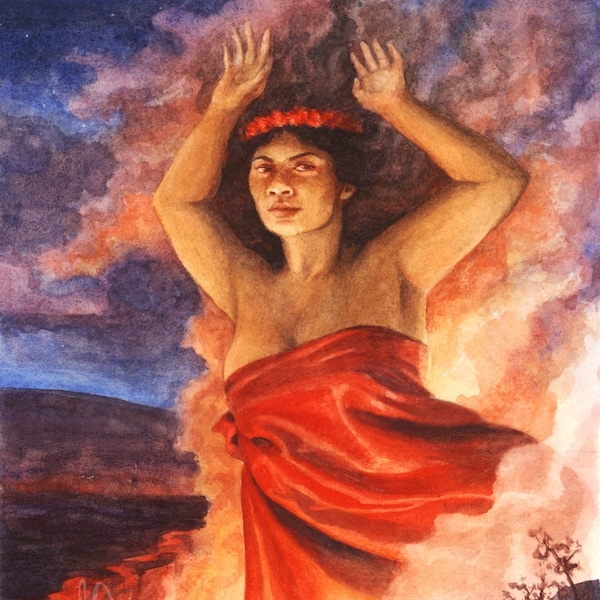 Pele Goddess Art Print | Hawaiian Goddess Watercolor painting | Volcano Lava Fire Halemaumau crater