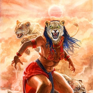 Sekhmet Art Print | Egyptian Goddess Painting | Watercolor Ancient Egypt Fantasy | Lioness Fire Leo