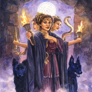 Hekate Large Print | Hecate Art Print | Goddess Painting Greek Dark Purple Pagan Decor | Watercolor dogs torches shadow season