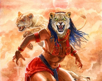 Sekhmet Egyptian Goddess Art | Watercolor Ancient Egypt Fantasy Print Painting | Lioness Fire Leo