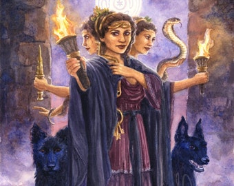 Hekate Small Print | Hecate Art Print | Goddess Painting Greek Dark Purple Pagan Decor | Watercolor dogs torches shadow season