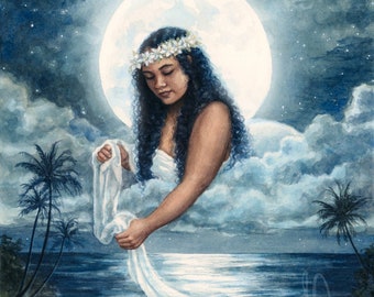 Hina Hawaiian Moon Goddess | Mahina Ocean Art Watercolor