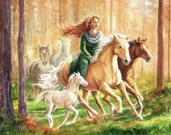 Epona Horse Goddess | Celtic Art Autumn Forest | Watercolor Painting