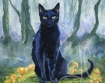 Black Cat Forest Painting | Watercolor Art Print | Toadstool Fairy Ring
