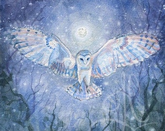 ムーンフラワーフクロウアート水彩画プリント | ファンタジー絵画