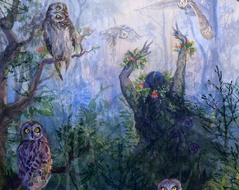 Hawaiian Owl Goddess Hi'iaka Forest | Native Pueo rainforest | Pacific Island paintings