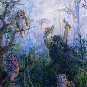 Hawaiian Owl Goddess Hi&#39;iaka Forest | Native Pueo rainforest | Pacific Island paintings