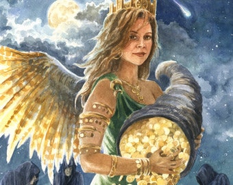 Tyche Large Print | Goddess of Fortune | Lady Luck Fortuna Art Print | Watercolor Painting Abundance | Pagan Greek Roman Mythology