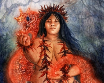 Kapo Hawaiische Göttin der Zauberei und Dunkler Magie | Polynesischer Kunstdruck | Roter Drachenaal
