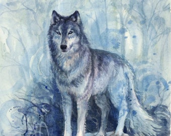 Wolf spirit painting watercolor | animal guide art | grey wolves misty forest