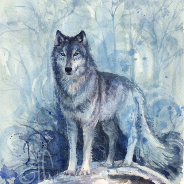 Wolf spirit painting watercolor | animal guide art | grey wolves misty forest