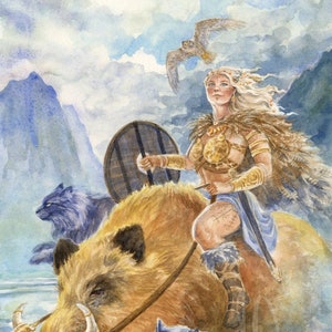 Freyja Large Print | Norse Goddess and Boar Hildisvíni Cats | Freya Art Painting Watercolor Print