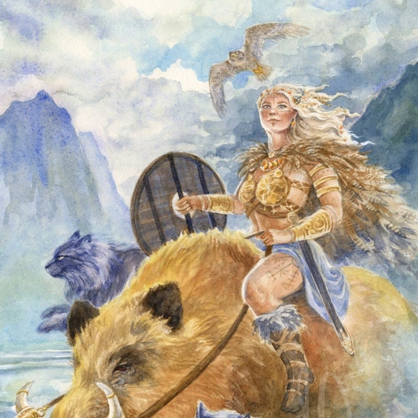 Freyja Norse Goddess and Boar Hildisvíni Cats | Freya Art Painting Watercolor Print