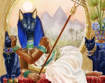 Bastet Cat Goddess Egyptian Art Print Watercolor Painting | Bast Picture Black Cats