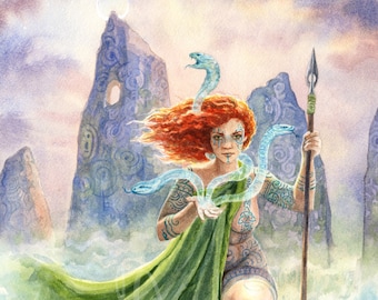 Celtic Snake Goddess Corchen Corra | Fantasy Art Print | Irish Woman Warrior | Painting Watercolor Mythology