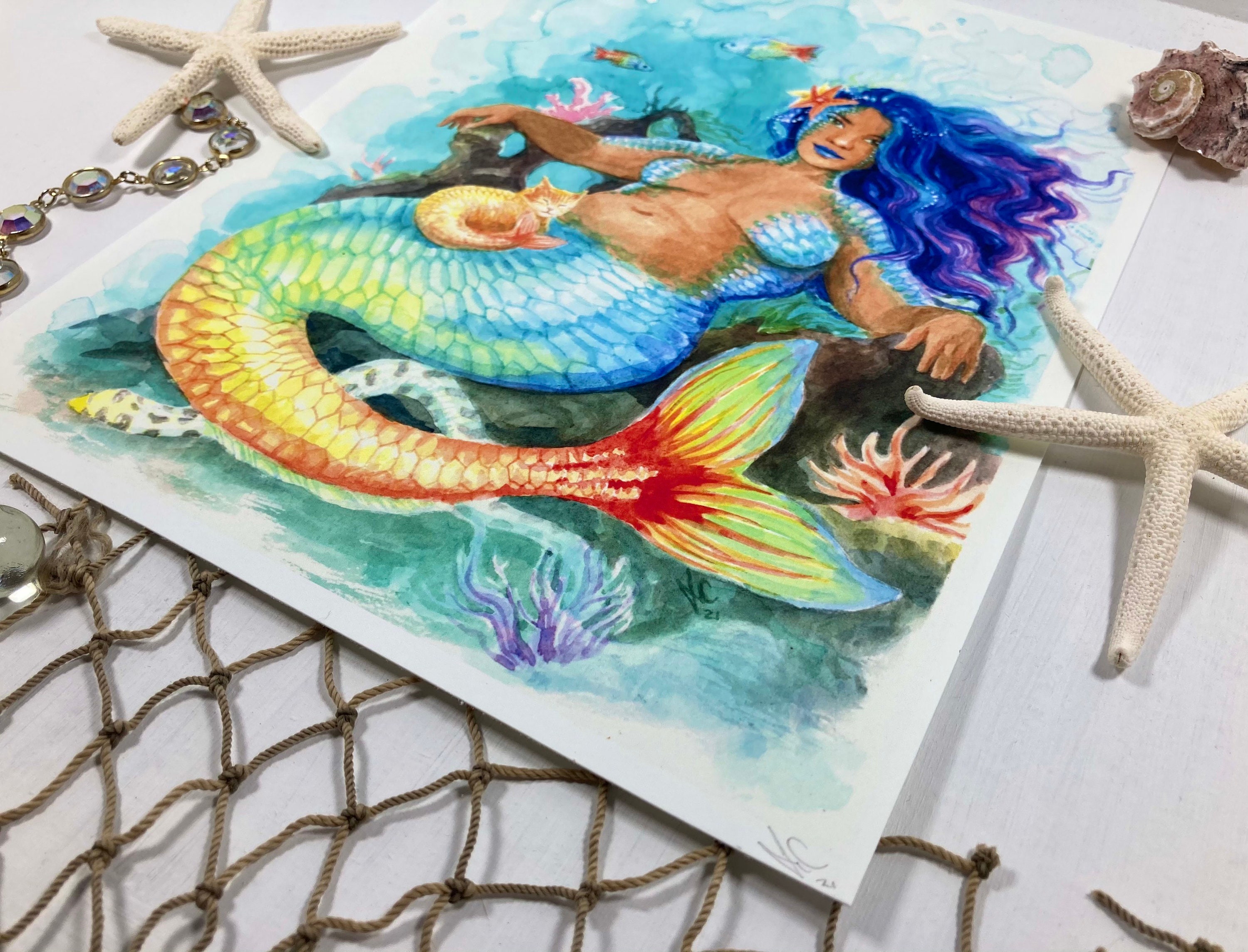 Watercolour Painting Mermaids Rainbow Fish Plants Fabric by Japanese Indie  - modeS4u