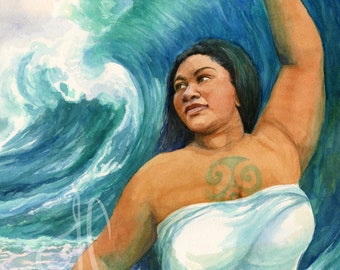 Namaka Hawaiian Ocean Goddess | Watercolor Art Print Sea Wave | Pacific Islander Painting