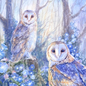 Owl Forest Art Print | Morning Glory Owls Blue Misty Woods | Watercolor Painting Spirit Animal