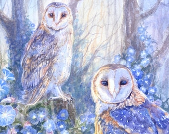 Owl Forest Art Print | Morning Glory Owls Blue Misty Woods | Watercolor Painting Spirit Animal