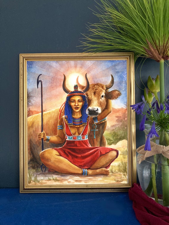 ハトホル大判プリント | 女神アート | エジプト神話の水彩画の神々