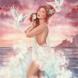 May include: A woman with red hair and a wreath of flowers stands in the ocean waves. She holds a mirror in her left hand and a bouquet of red roses in her right hand. Two white doves fly above her head. The background is a watercolor painting of a sunset sky and ocean.