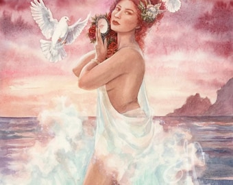 Aphrodite Großer Kunstdruck | Venus griechische Göttin Aquarellmalerei | Valentinstag