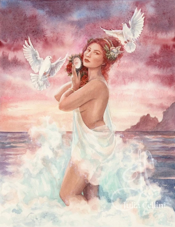 Aphrodite Art Print | Venus Greek Goddess Watercolor Painting | Valentines Day