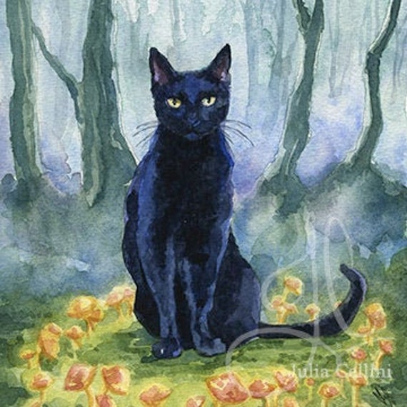 Watercolor Art Print Black Cat Forest Painting Toadstool Fairy Ring Art & Collectibles Prints Stokfella.com