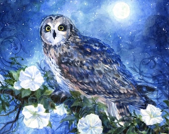 Mondblume Eule Aquarell Kunstdruck | Fantasy Gemälde Eulen | blauer Nachthimmel Sterne Vogel