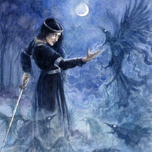 Morrigan Göttin Kunstdruck | Dunkle Phantomkrähen | Alte keltische Mythologie | Aquarellmalerei