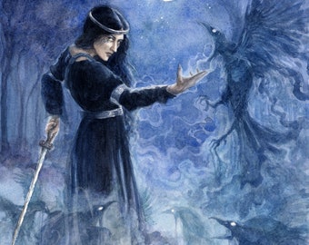Morrigan Goddess Art Print | Dark Phantom Crows | Ancient Celtic Mythology | Watercolor Painting