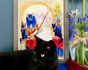 バステト大判プリント｜猫の女神エジプト美術プリント水彩画｜バステト