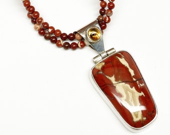 Red Jasper Citrine Sterling Silver Pendant Rainbow Brecciated Jasper Double-Strand Necklace, Artisan Necklace