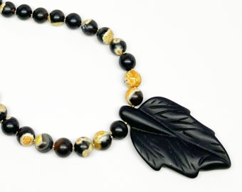 Large Carved Matte Black Onyx Leaf, Matte Orange Yellow Agate and Gold Necklace, Artisan Necklace