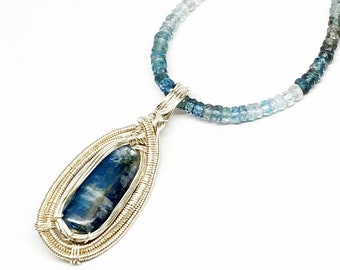 Wire Wrapped Kyanite Pendant Necklace, Moss Aquamarine, Sterling Silver Artisan Jewelry