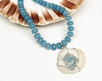Beach Lover’s Aquamarine, Sterling Silver and Seashell Pendant Necklace, Artisan Necklace