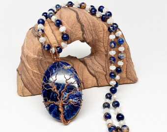 Orange Sodalite, Copper, Rainbow Moonstone Tree Of Life Pendant Necklace, Artisan Necklace