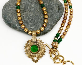 Afghan Pendant Freshwater Pearl Green Onyx Necklace, Artisan Necklace