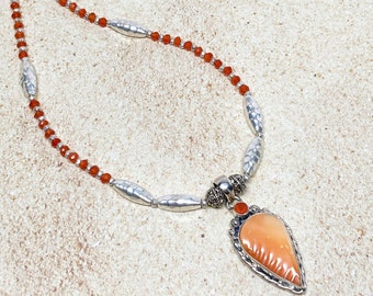 Orange Spiny Oyster Sterling Silver Pendant, Orange Carnelian Necklace, Hill Tribe Silver, Artisan Necklace