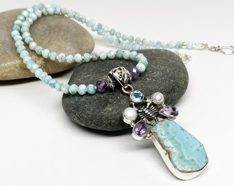 Larimar, Sterling Silver, Amethyst, Sky Blue Topaz, Pearl, Scorpion Pendant Necklace, Artisan Necklace