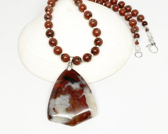 Red Jasper and Hill Tribe Silver Necklace with Rainbow Jasper Shield Pendant, Artisan Necklace