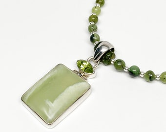 Serpentine, Peridot, Rainforest Jasper, Olive Tourmaline and Sterling Silver Pendant Necklace, Artisan Necklace