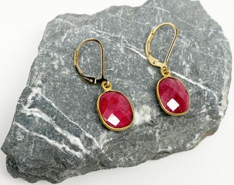 Faceted Ruby Oval and Gold Dangle Earrings